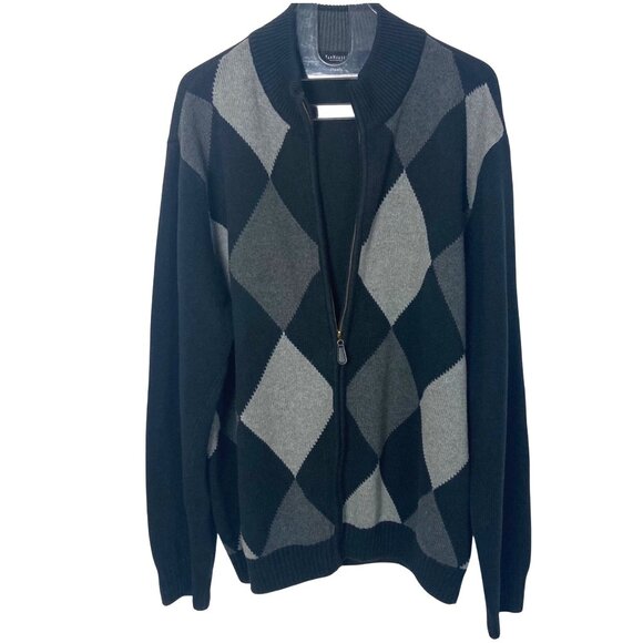 Van Heusen Cotton Argyle Zip Cardigan Sweater XL Mens Black Gray Grandpa Preppy - Picture 3 of 8